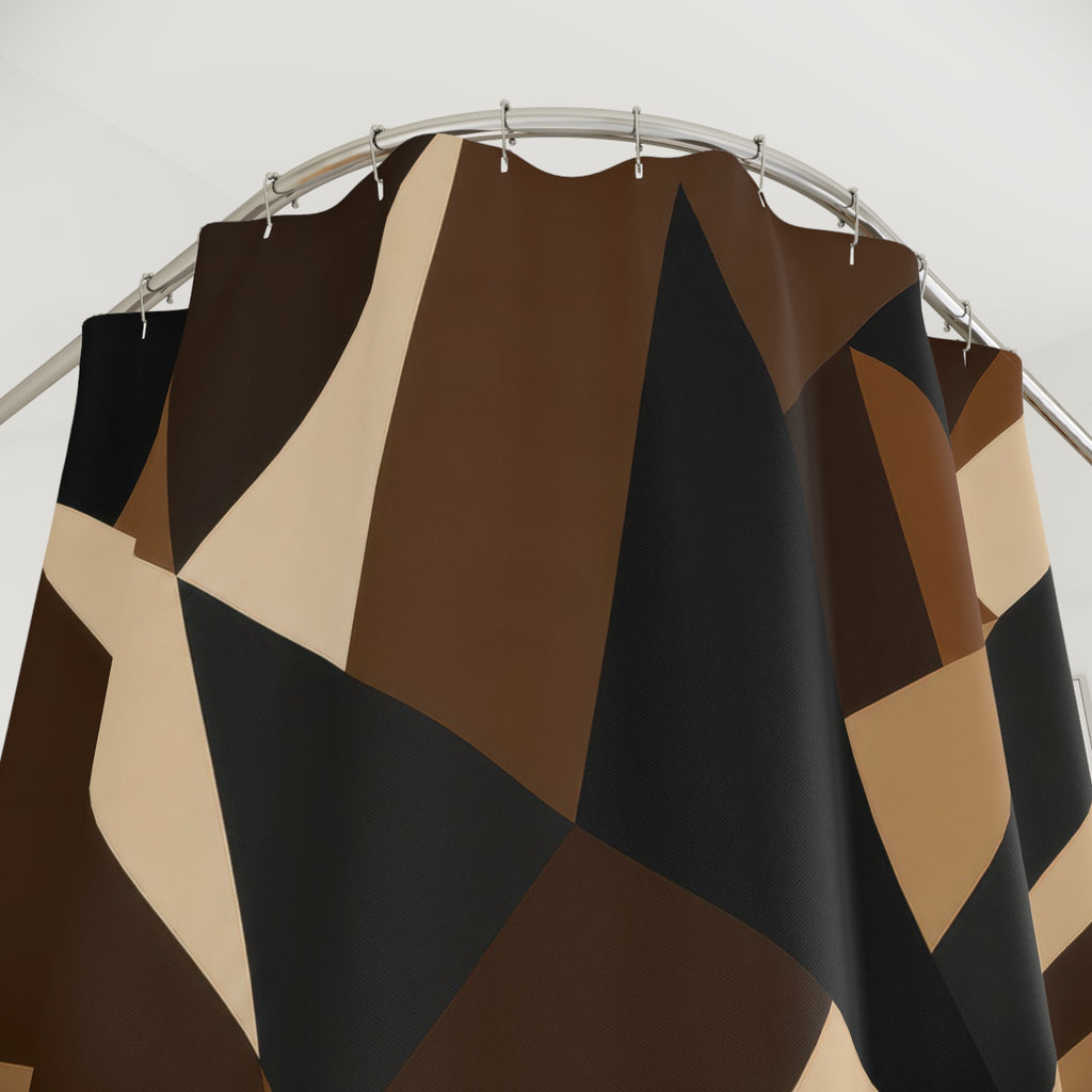 Black Geometric Shower Curtain, Brown Tan Abstract Bath Decor, Sharp Triangle Pattern, Modern Architectural Guest Bathroom Decor Style