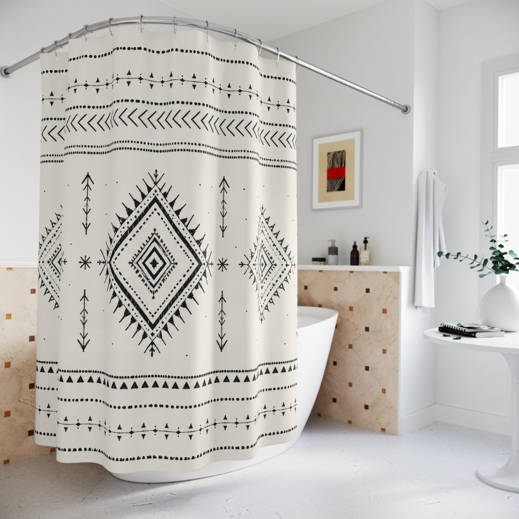 Boho Shower Curtain: Black Cream Geometric Diamond Pattern