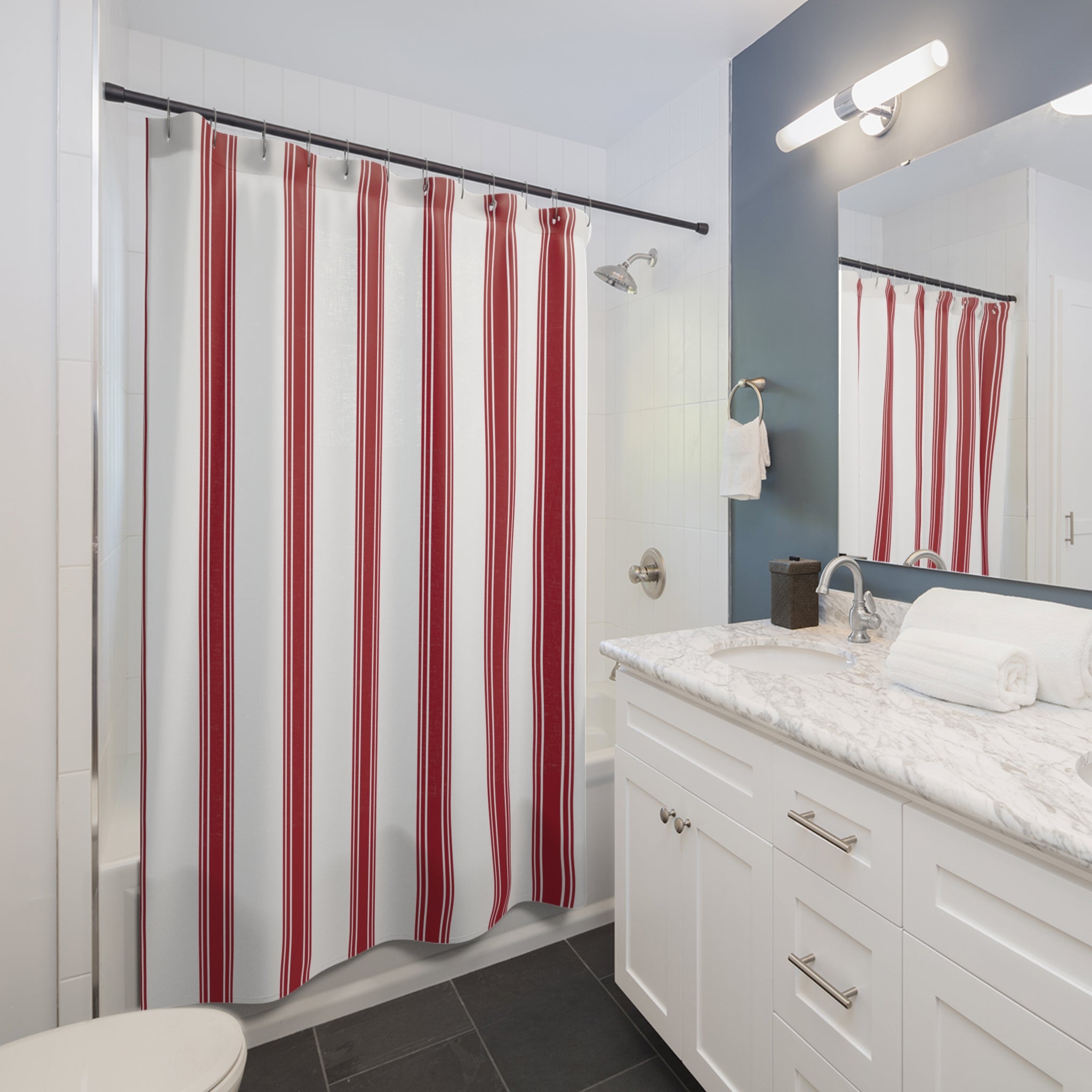 Red Ticking Stripe Shower Curtain – French Country