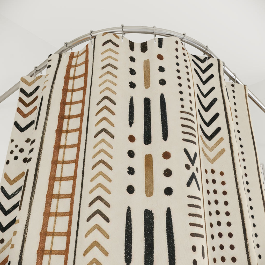 Boho Shower Curtain, Black Cream African Inspired Geometric Pattern, Modern Bathroom Decor, Tribal Style Guest Bath Neutral Art