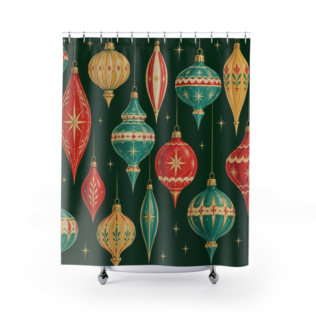 Red turquoise and gold-tone ornaments on evergreen shower curtain with full front view