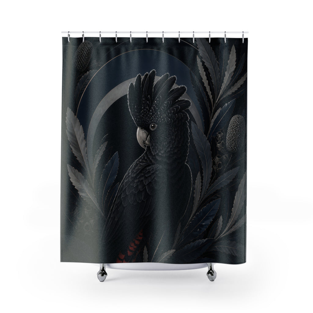 Red tailed black cockatoo framed by moonlit banksia foliage shower curtain, full front view