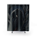 Red tailed black cockatoo framed by moonlit banksia foliage shower curtain, full front view