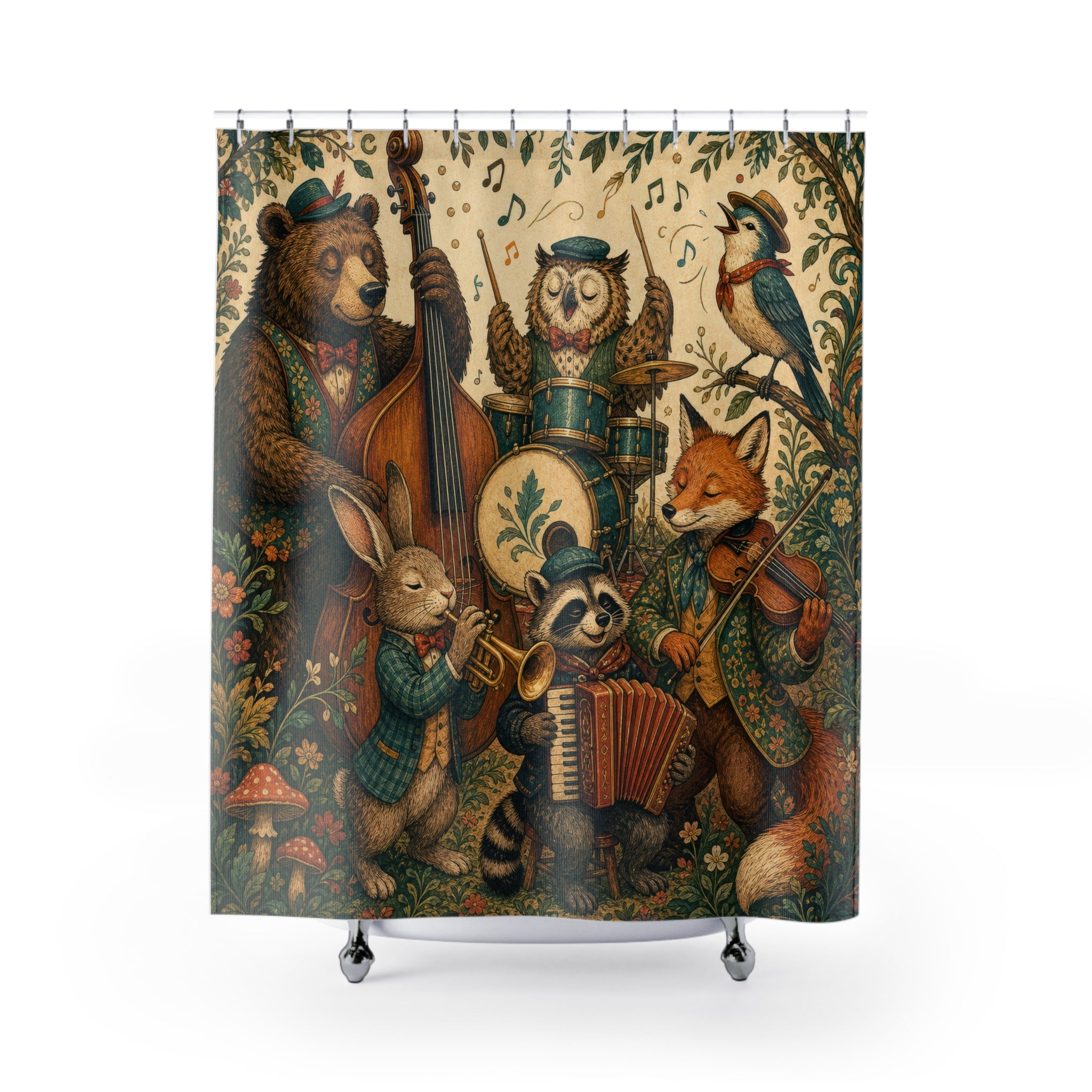 Unique Woodland Shower Curtain, Animal Band Music Art, Folk Forest Bathroom Decor, Storybook Music Wall Decor Guest Bath Gift For Home