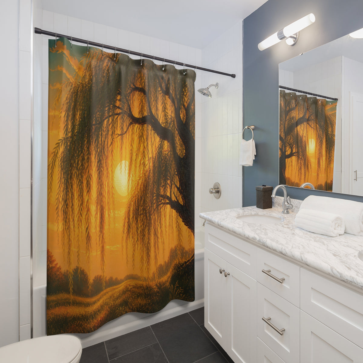Sunlit golden weeping willow shower curtain beside a white vanity