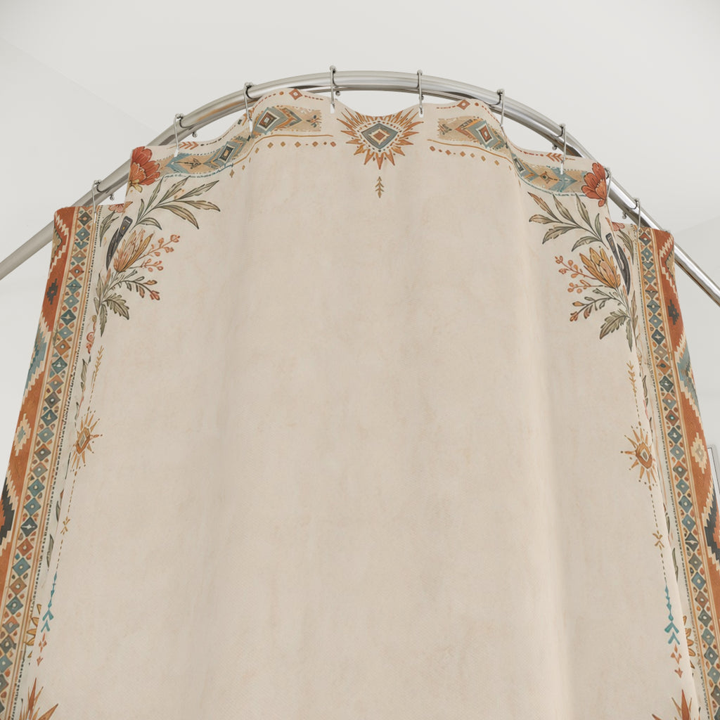 Western Boho Border Shower Curtain, Desert Floral Bath Decor, Terracotta Turquoise Diamond Frame, Rustic Guest Bathroom Style Decor