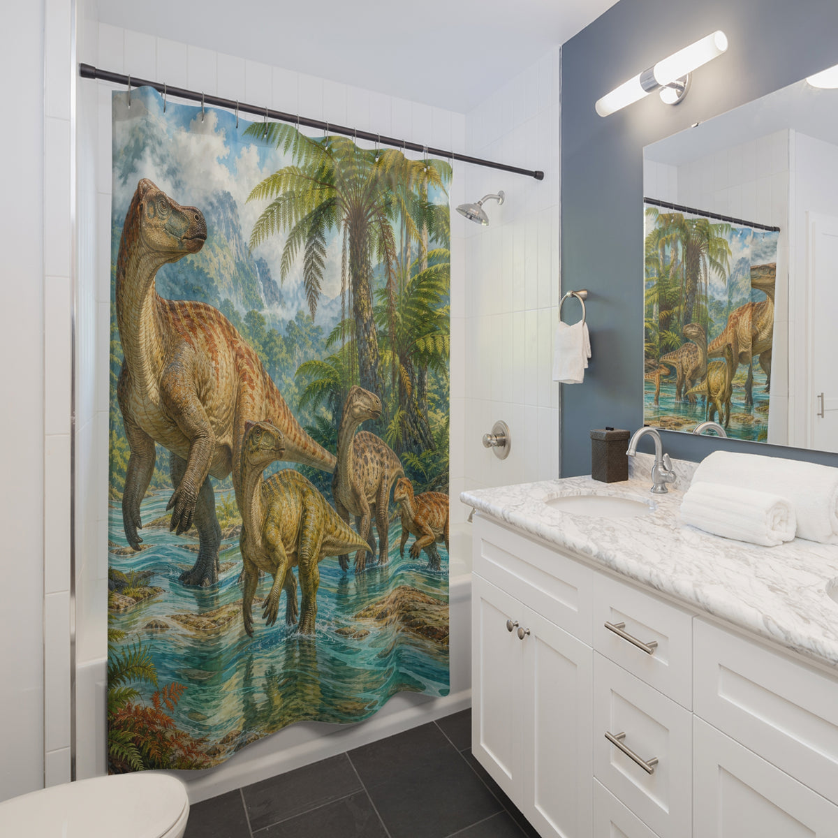 Tropical Hadrosaur Herd shower curtain beside a white vanity
