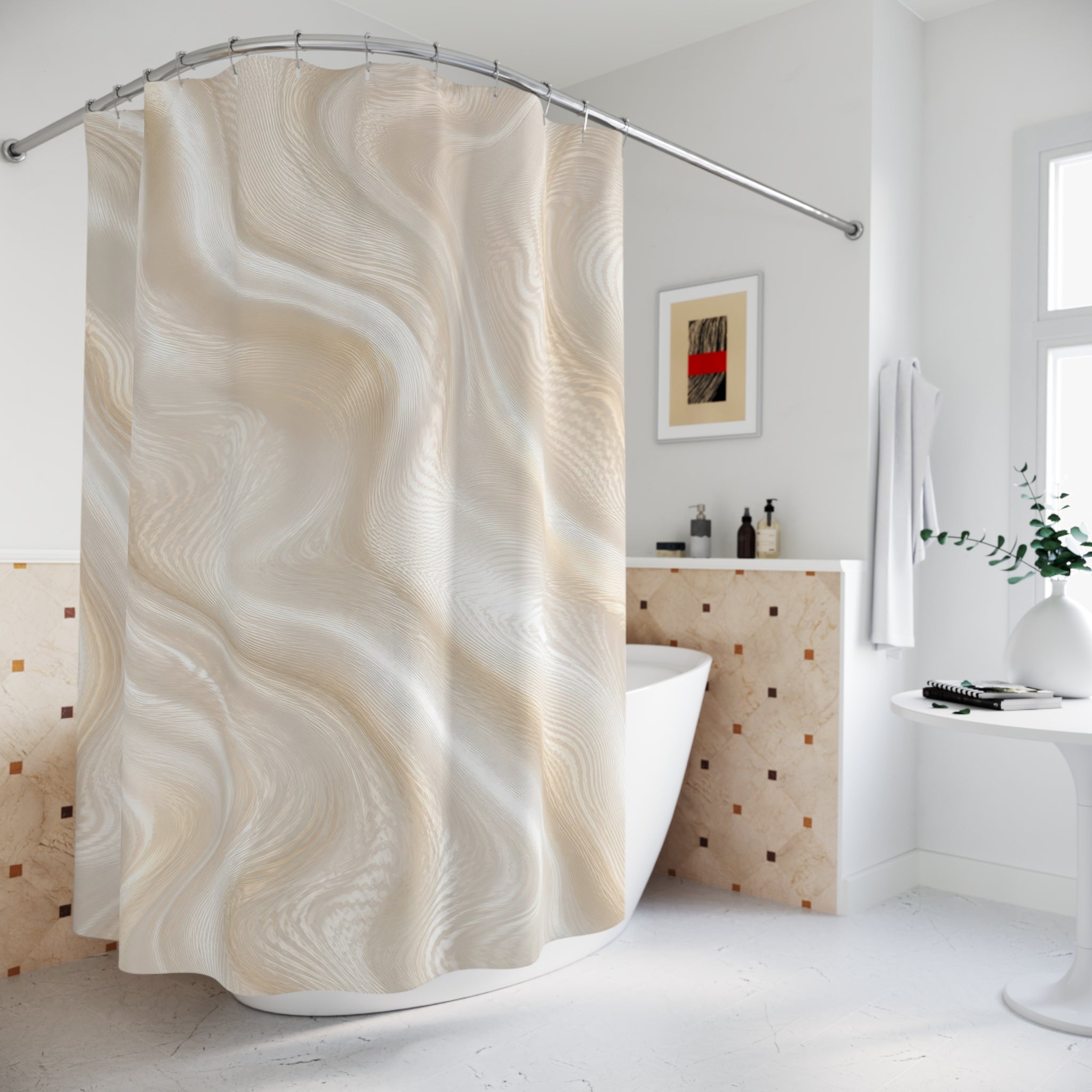 Cream Shower Curtain, Beige Abstract Bath Decor, Marble Look Neutral Pattern, Elegant Ivory Guest Bathroom Decor, Soft Modern Style