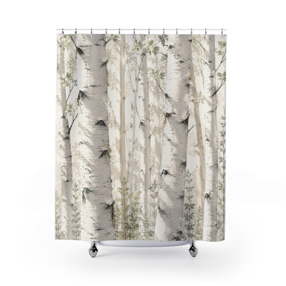 Ivory and sage white birch grove shower curtain with full front view