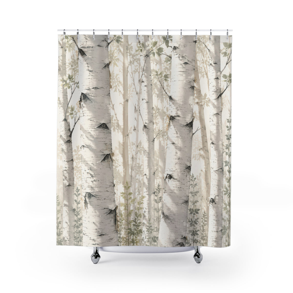 Ivory and sage white birch grove shower curtain with full front view