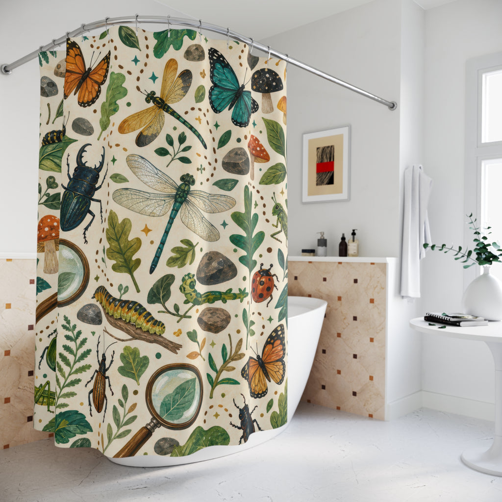 Bug Explorer Shower Curtain, Nature Kids Bathroom Decor, Beetle Butterfly Bath Curtain, Boys Bathroom Decor, Woodland Bath Decor, Guest Bath