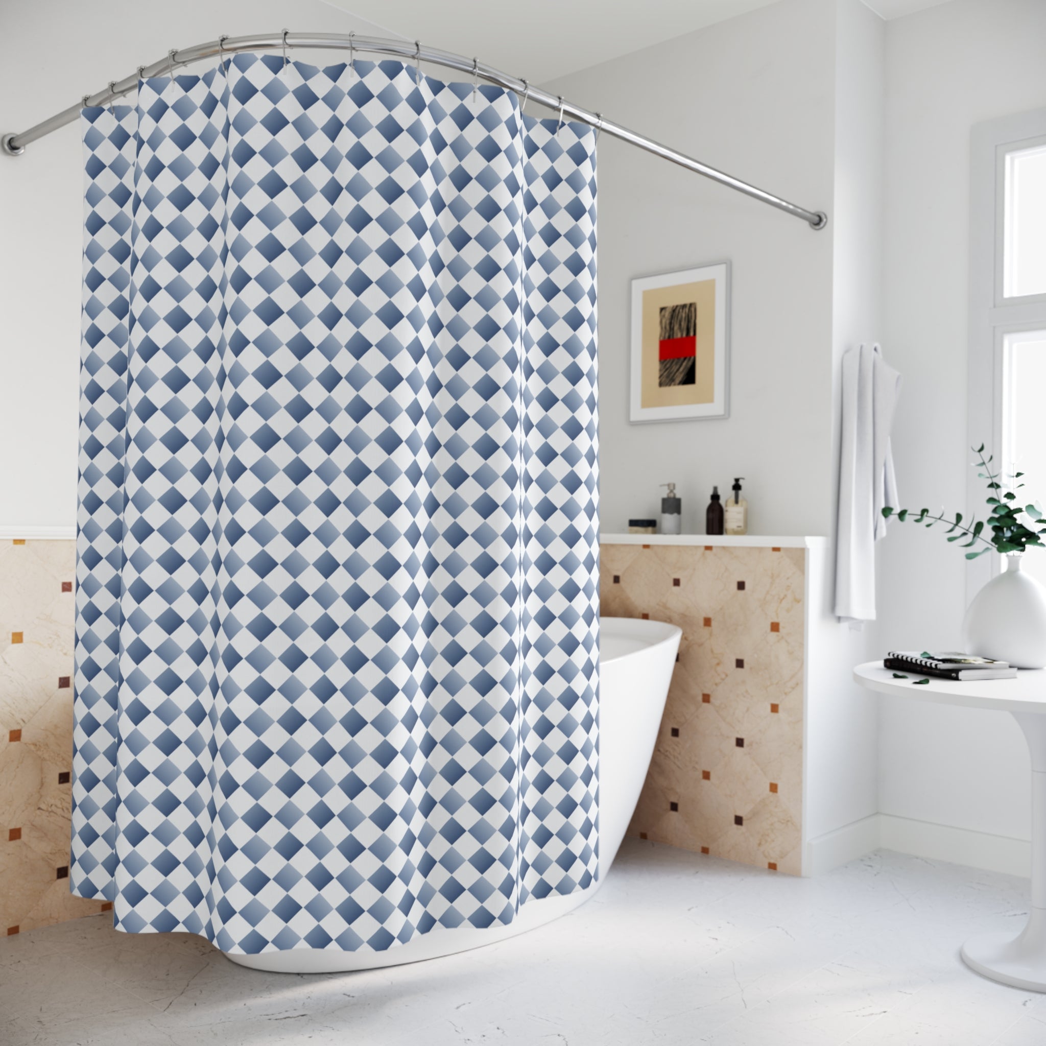 Blue and White Tonal Diamond Shower Curtain