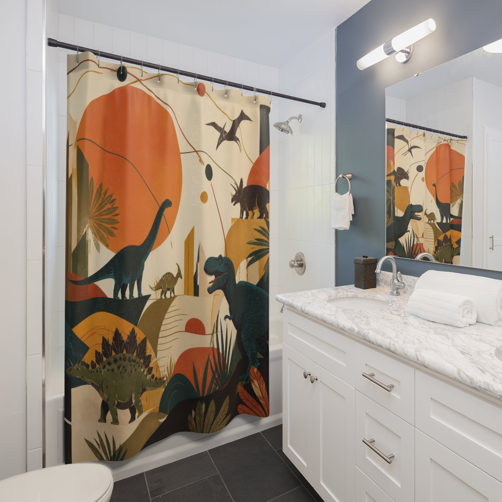 Mid Century Geometric Dinosaur shower curtain beside a white vanity