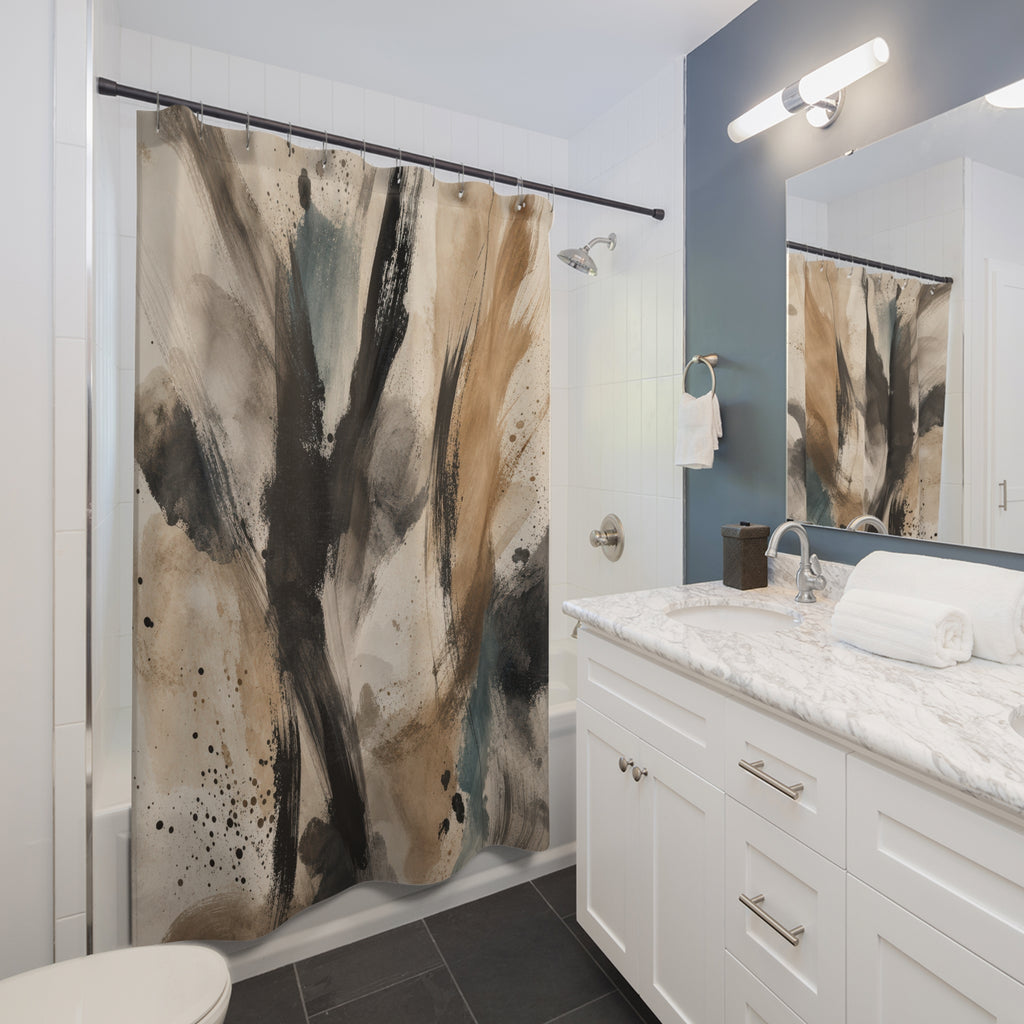 Black Tan Gestural Brushstroke Shower Curtain