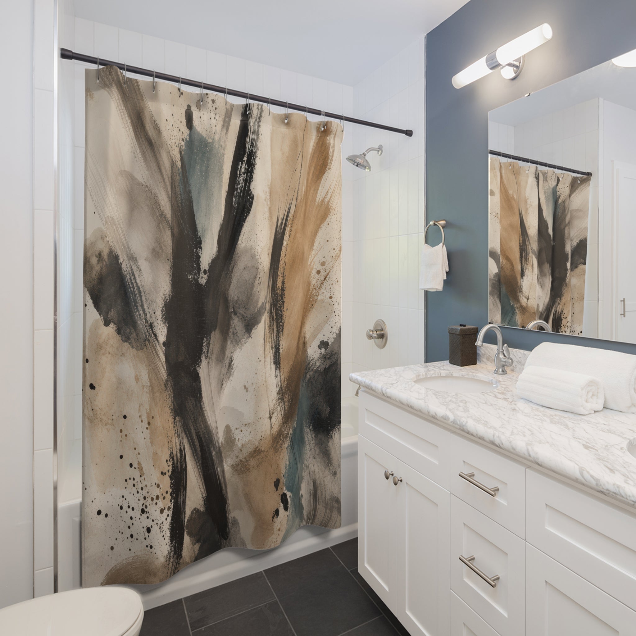 Black Tan Gestural Brushstroke Shower Curtain