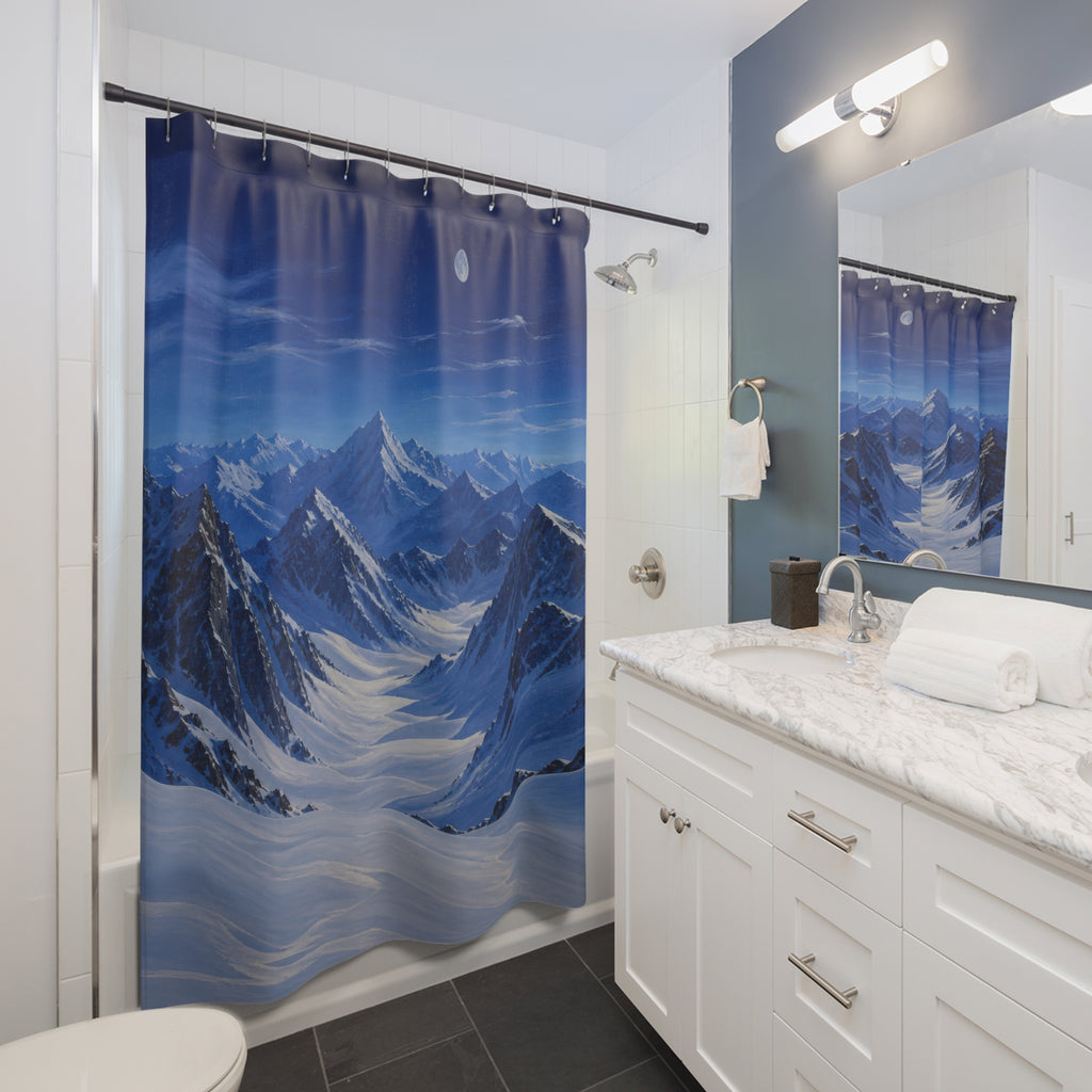 Moonlit cobalt peaks above a snowy alpine valley shower curtain beside a white vanity