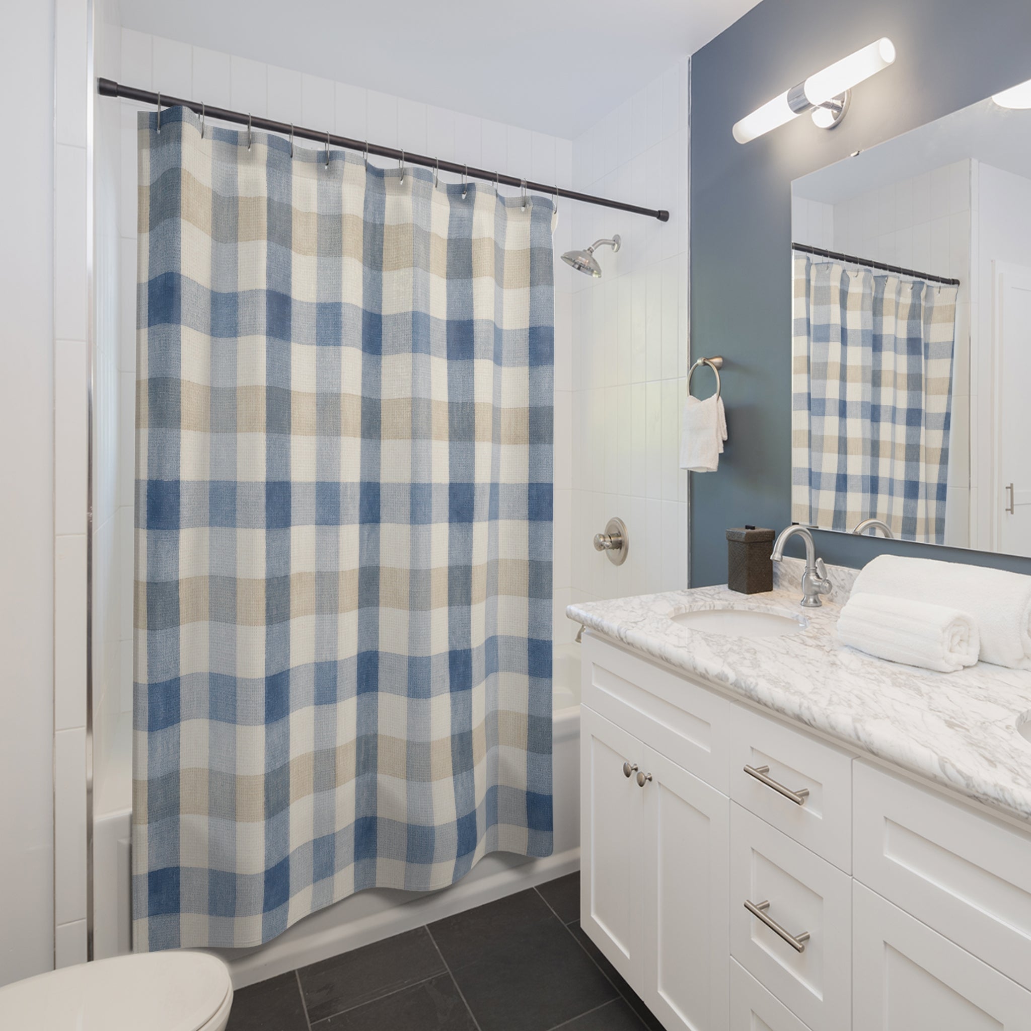 Blue White Farmhouse Check Shower Curtain