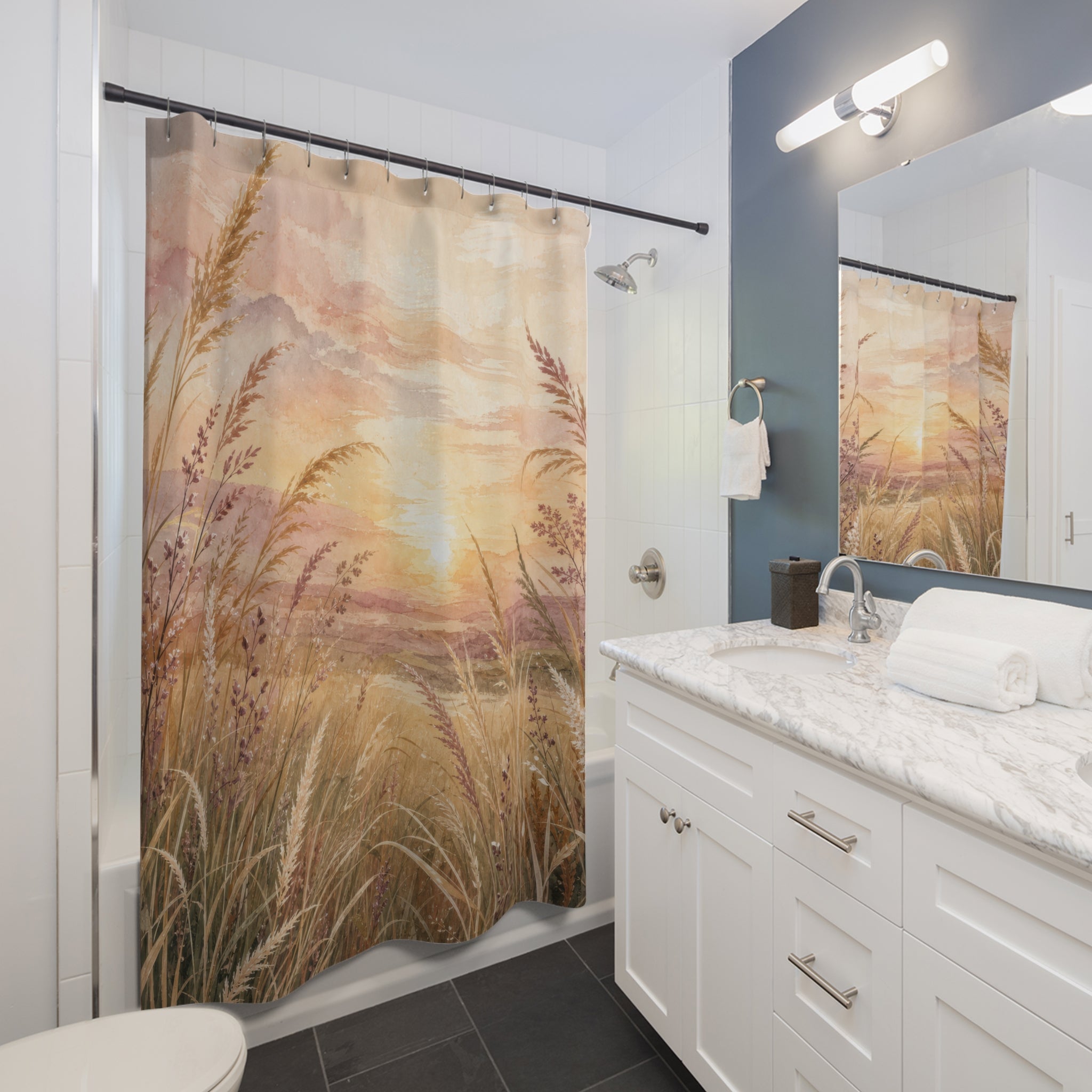Sunset Meadow Grass Landscape Shower Curtain