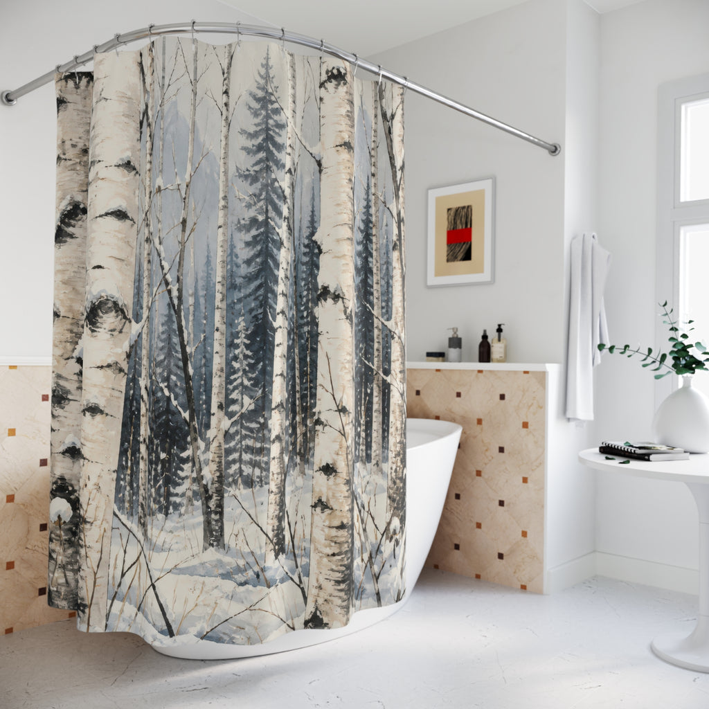 Winter woodland snowy birch grove pattern shower curtain beside a freestanding tub