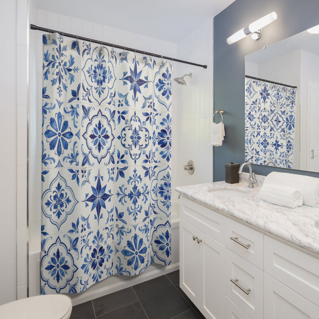 Blue Medallion Tile Shower Curtain, Blue White Classic Bathroom Decor, Tile Floral Bath Curtain, Guest Bath Decor, Small Bathroom Decor
