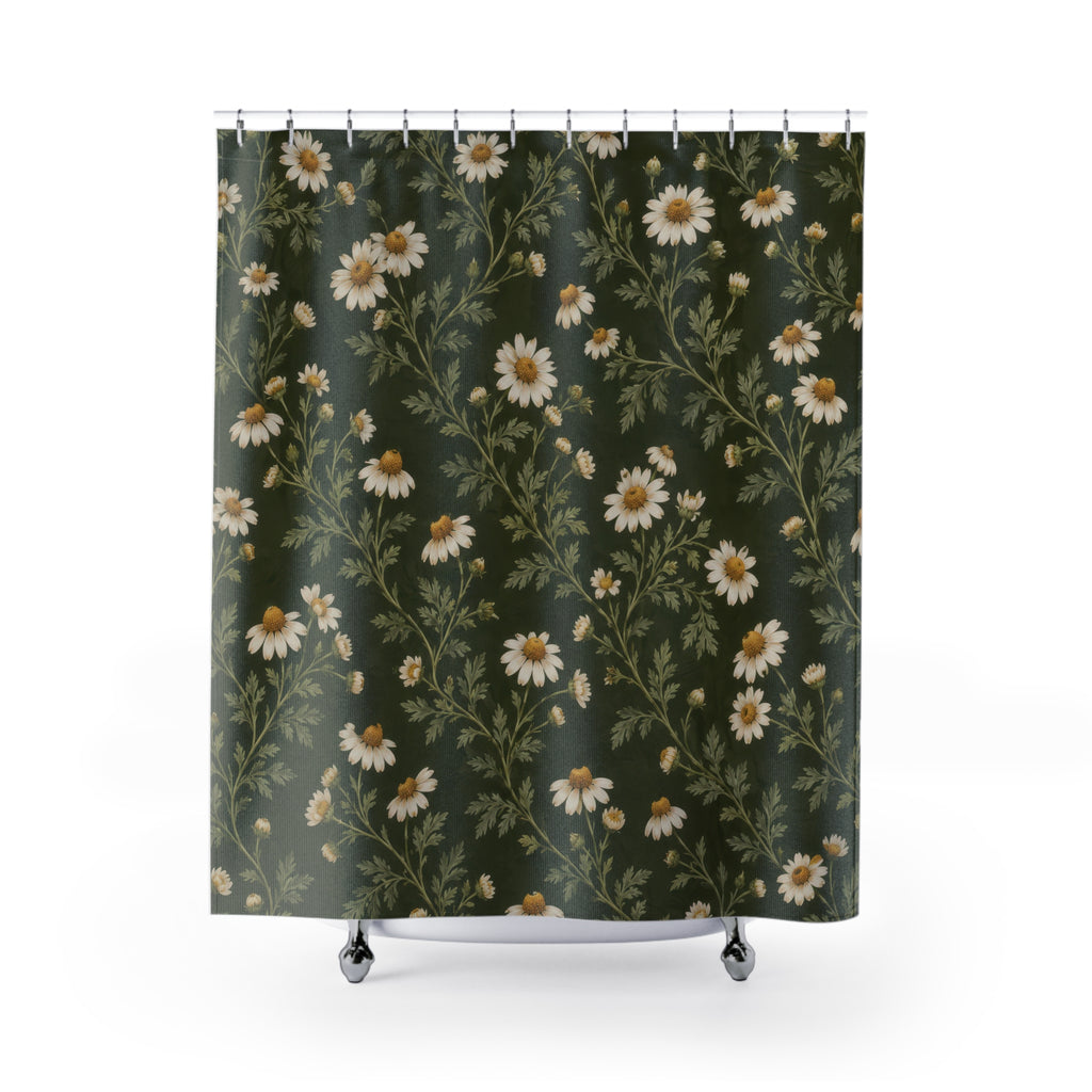 Cream chamomile flowers on olive shower curtain with full front view