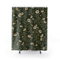 Cream chamomile flowers on olive shower curtain with full front view