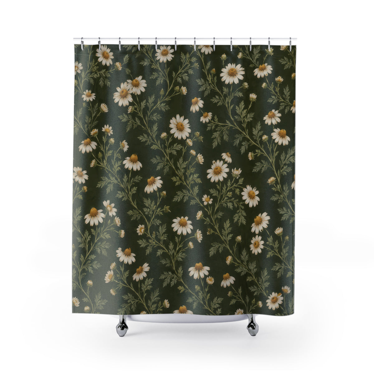 Cream chamomile flowers on olive shower curtain with full front view