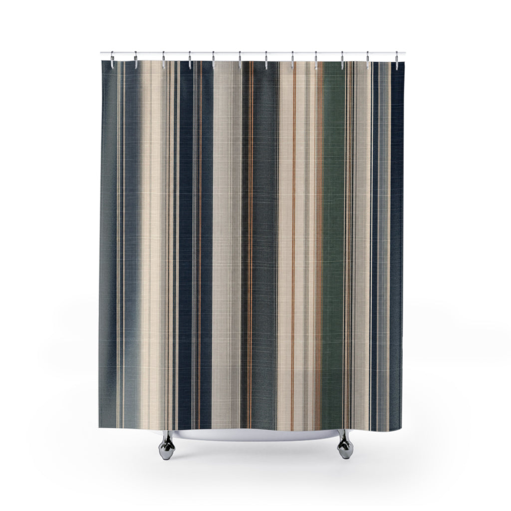 Navy Charcoal Woven Look Stripe Shower Curtain
