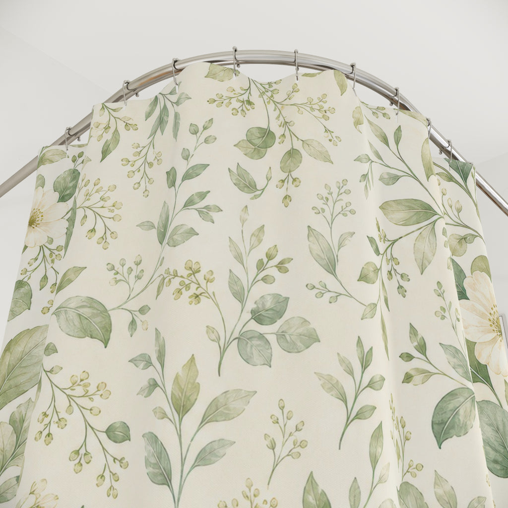 Sage White Floral Green Botanical Shower Curtain