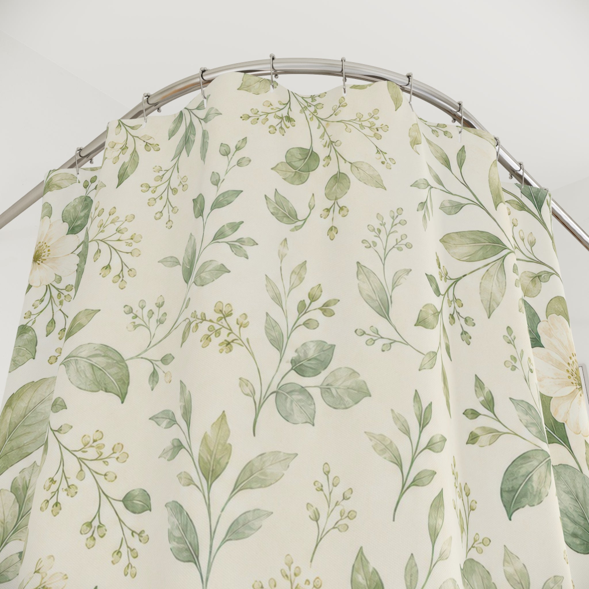Sage White Floral Green Botanical Shower Curtain
