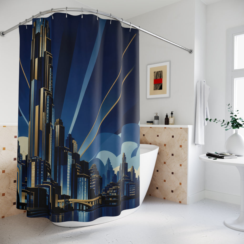 Midnight blue Neo Art Deco metropolis with terraced skyscraper shower curtain beside a freestanding tub