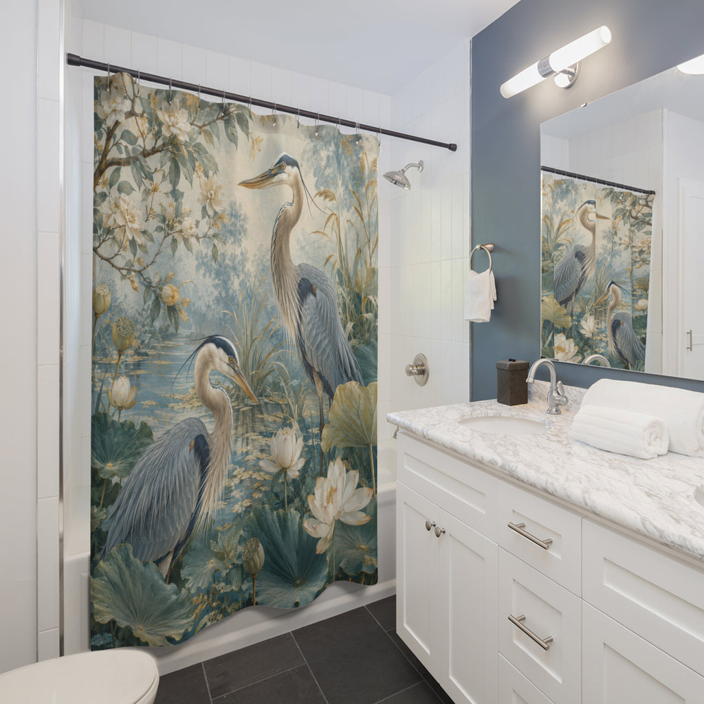 Blue Green Heron Shower Curtain: Lotus Pond Bird