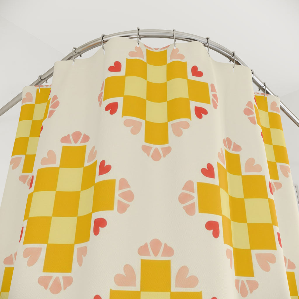 Yellow checker medallions with coral hearts shower curtain with close-up print, hooks, and folds