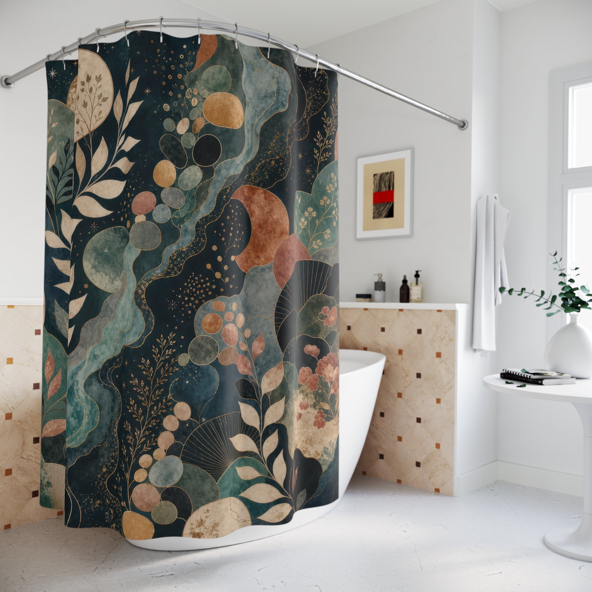 Cosmic Botanical Shower Curtain, Teal Navy Boho Bathroom Decor, Moon Garden Bath Curtain, Moody Guest Bathroom Decor, Navy Bath Decor