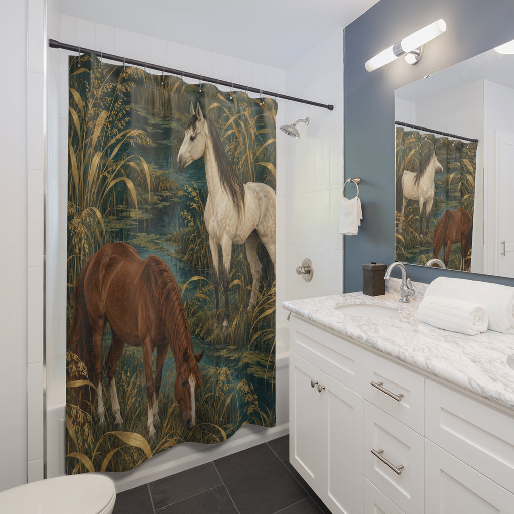 Cream and chestnut horses among golden reeds and teal water shower curtain beside a white vanity