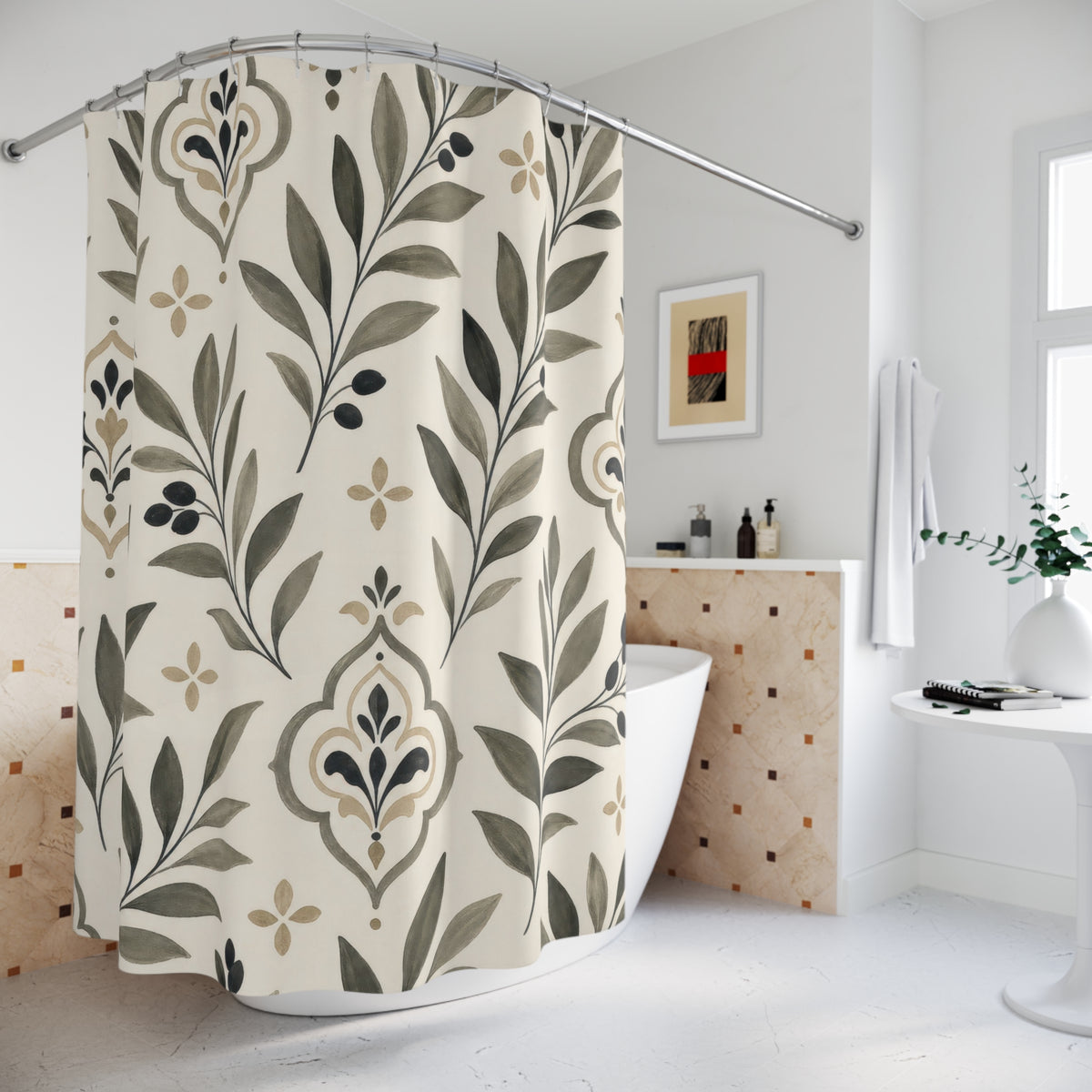 Sage Black Beige Damask Leaf shower curtain beside a freestanding tub