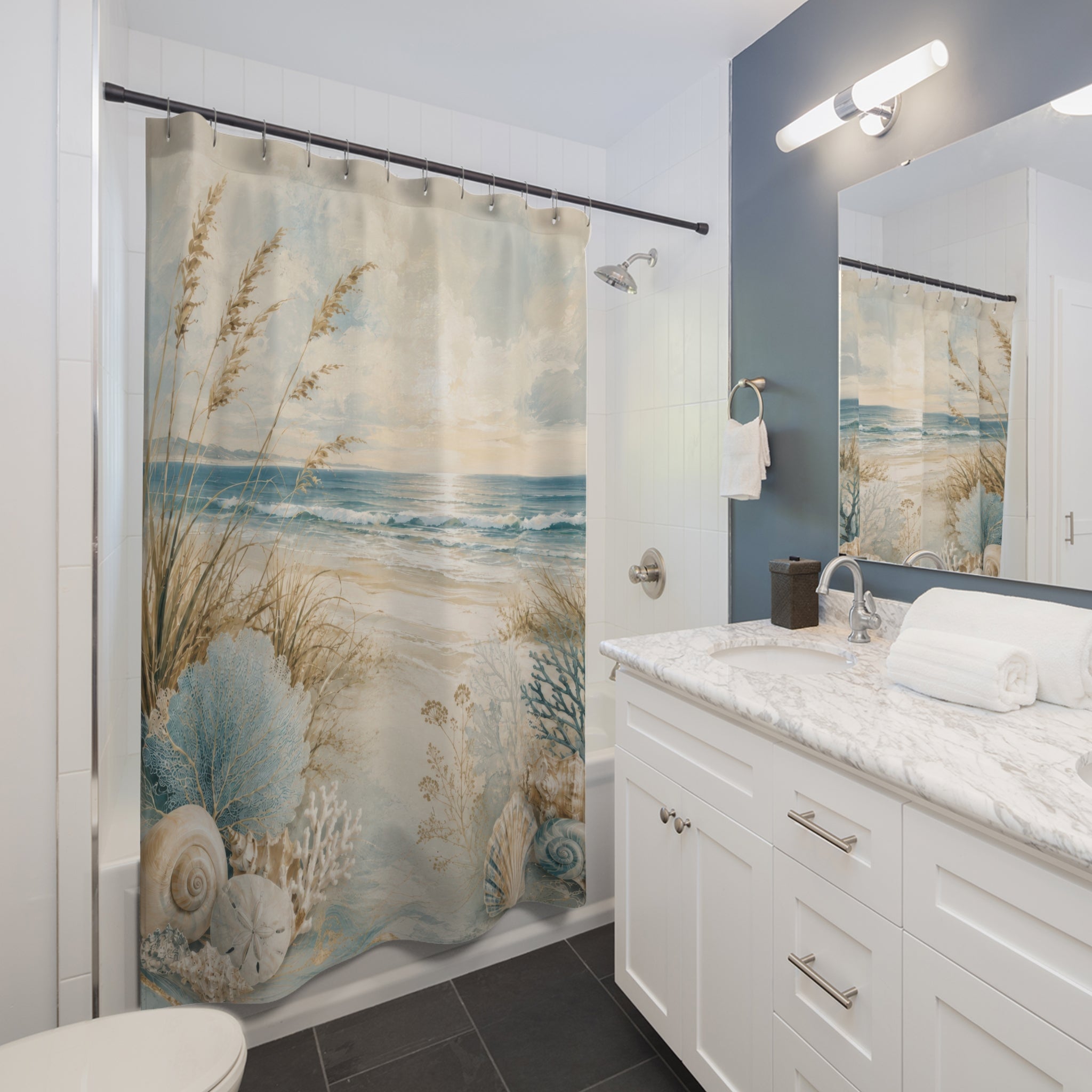Blue Beige Shower Curtain: Coastal Beach Ocean Scene