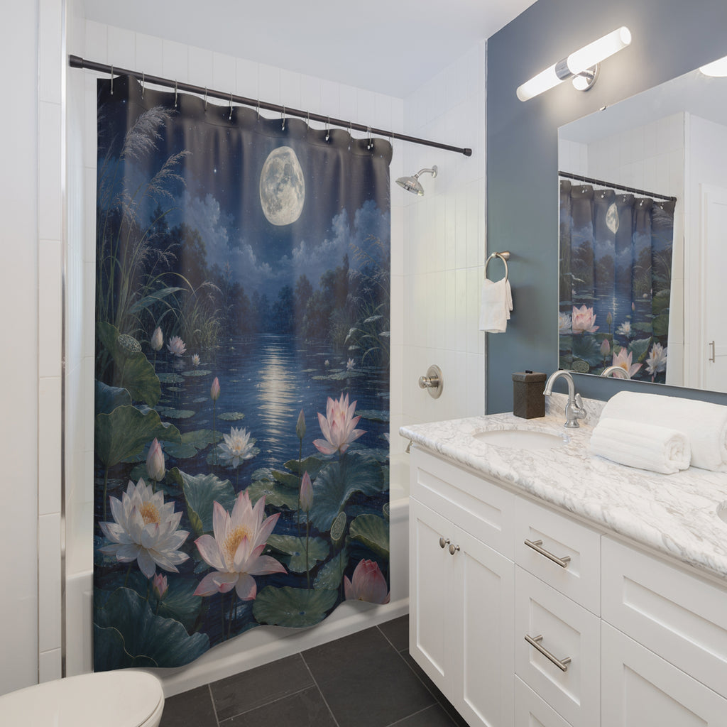Moonlit Water Lily Pond Shower Curtain