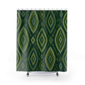 Green Boho Shower Curtain, Dark Ikat Diamond Bath Decor, Olive Geometric Pattern, Bohemian Guest Bathroom Decor, Earthy Style