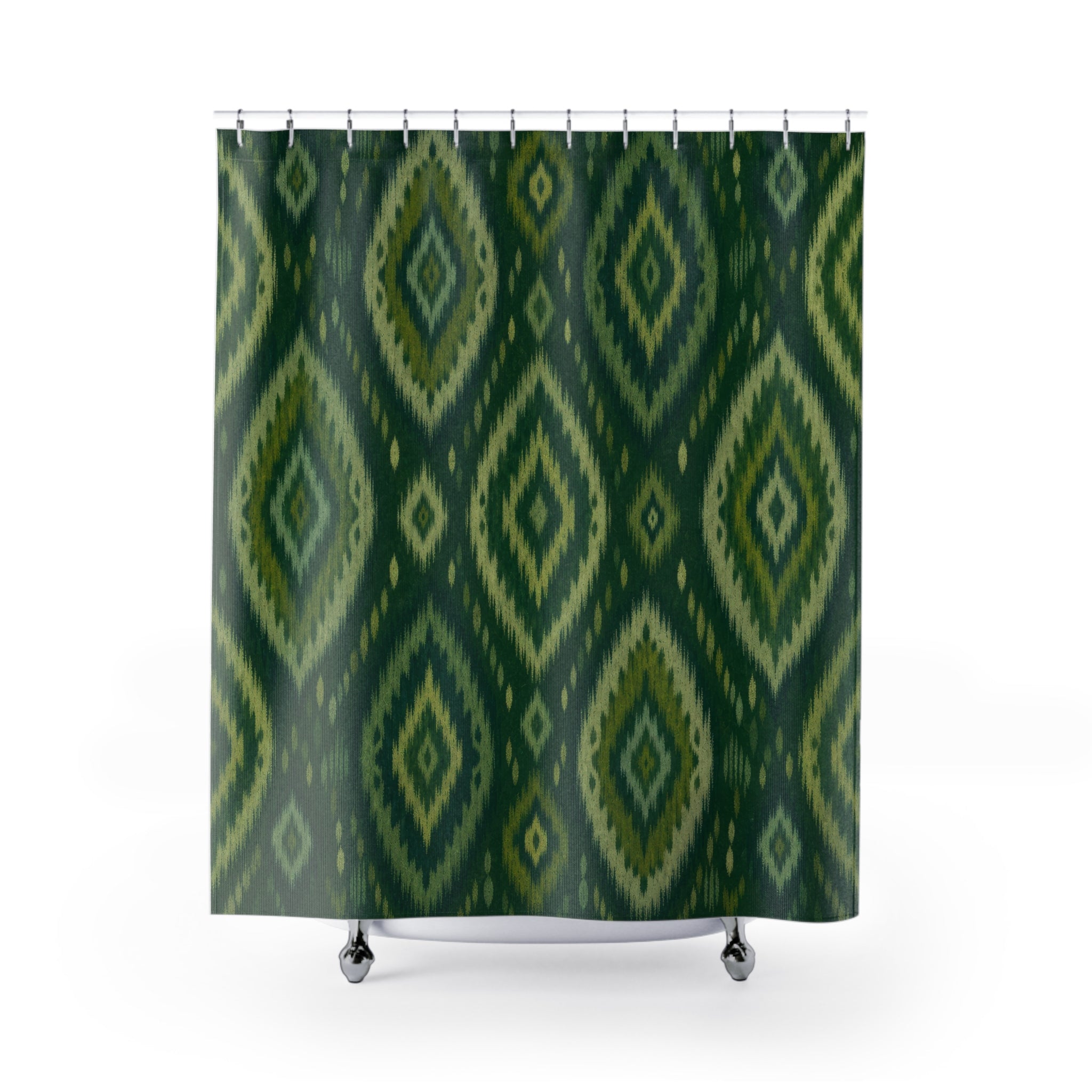 Green Boho Shower Curtain, Dark Ikat Diamond Bath Decor, Olive Geometric Pattern, Bohemian Guest Bathroom Decor, Earthy Style