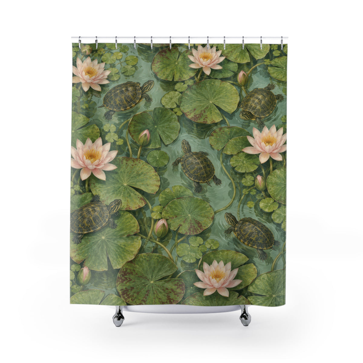 Olive turtles and pale pink water lilies shower curtain with full front view