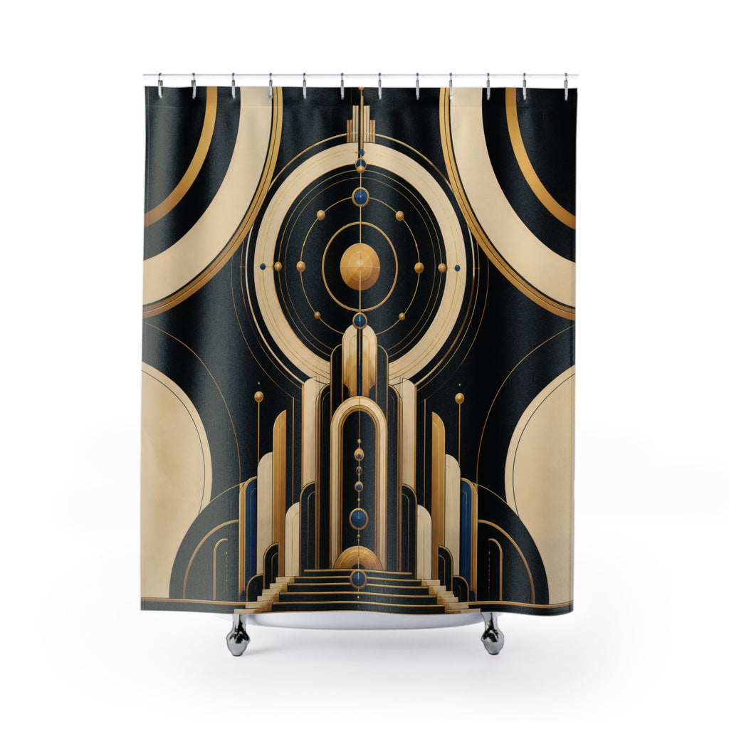 Black ivory and gold-colored Neo Art Deco orbit monument shower curtain with full front view