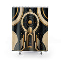 Black ivory and gold-colored Neo Art Deco orbit monument shower curtain with full front view