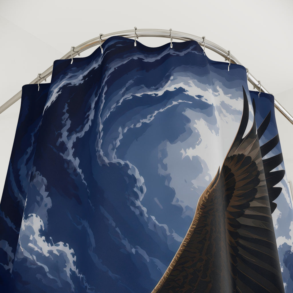 Bald eagle in flight across a navy moonlit sky shower curtain with close-up print, hooks, and folds