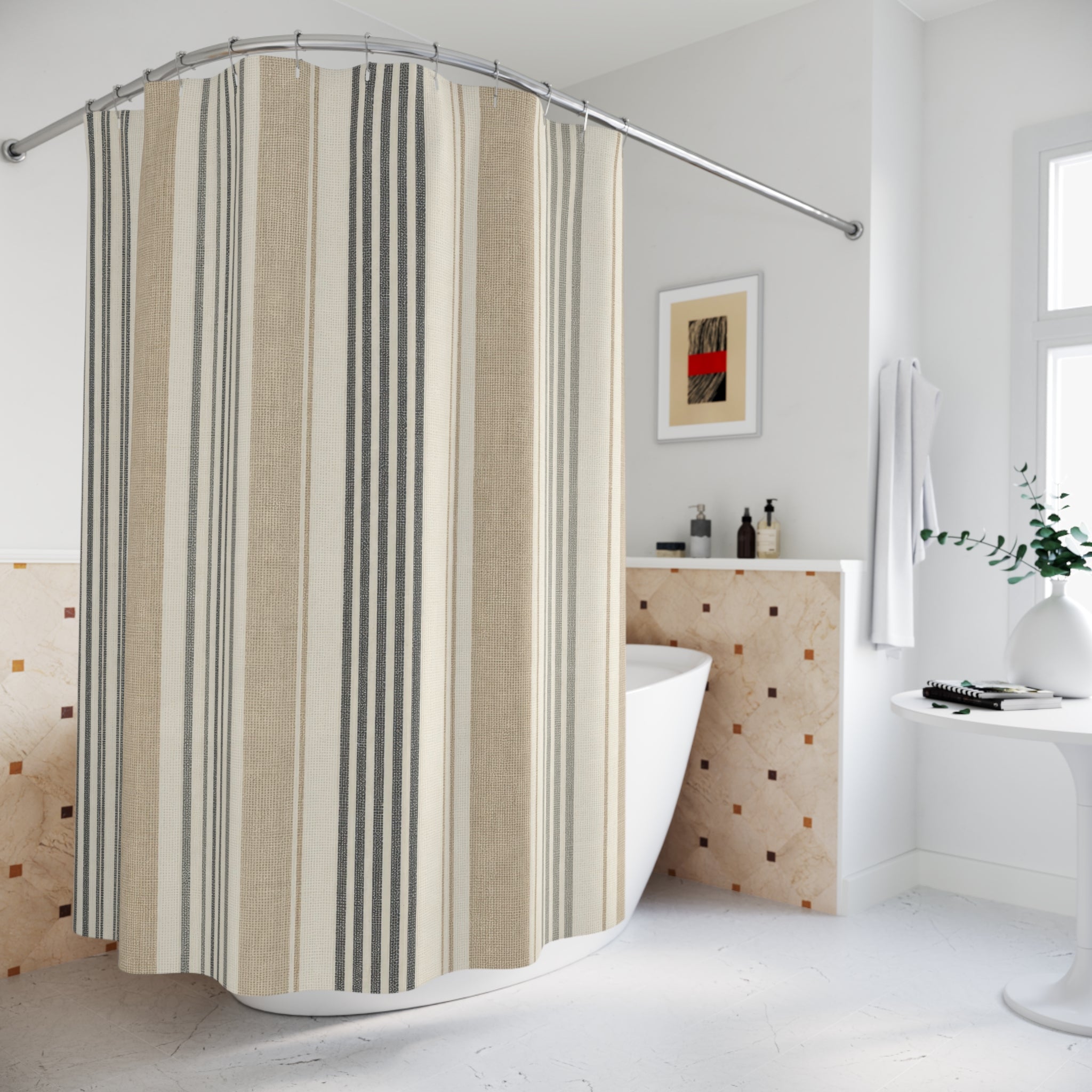 Tan Gray Fine Pinstripe Shower Curtain