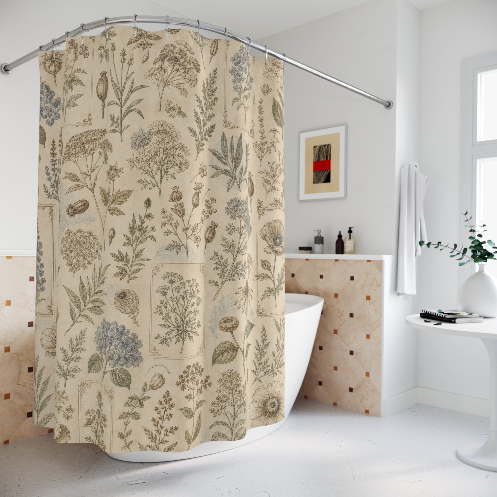 Vintage Wildflower Botanical Farmhouse Beige Blue Brown Shower Curtain