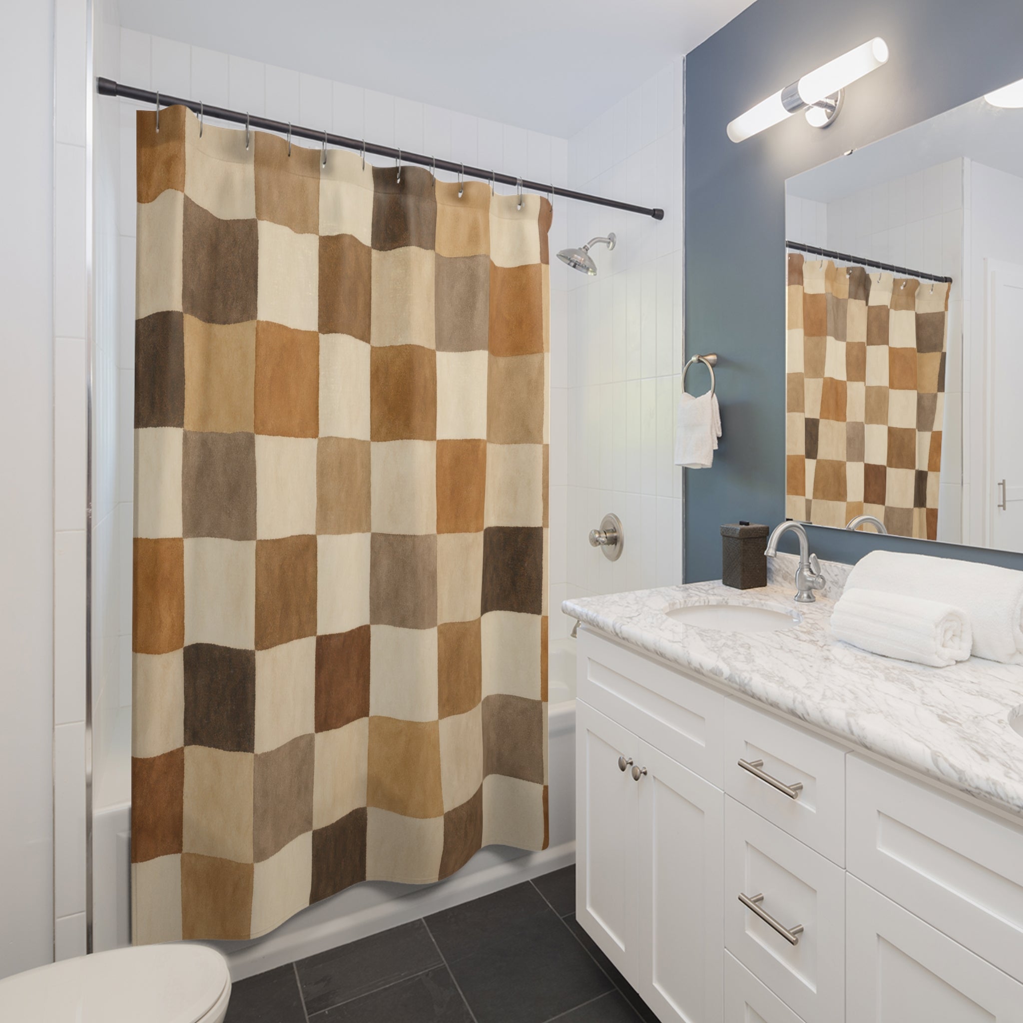 Brown Beige Watercolor Checkerboard Shower Curtain