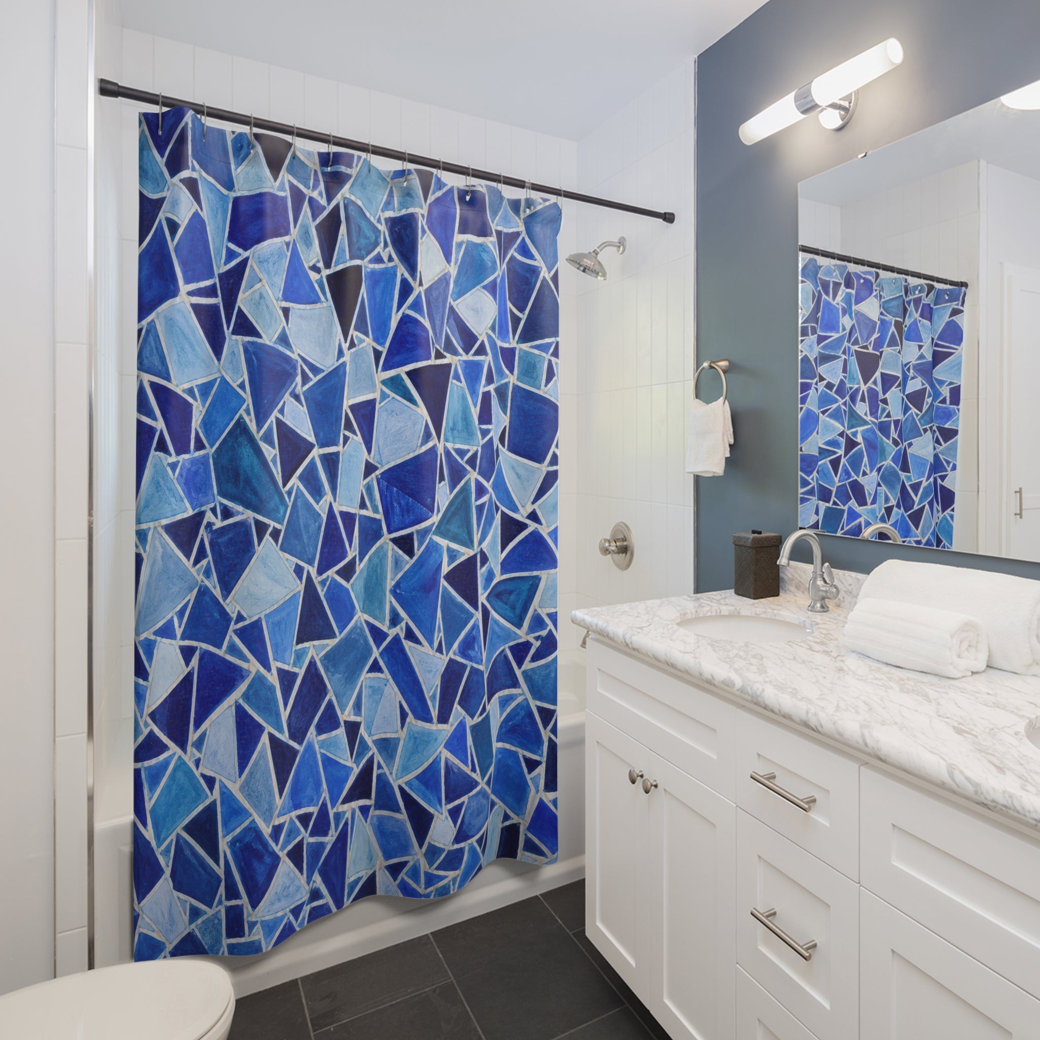 Blue Mosaic Shower Curtain, Cobalt Blue Modern Bathroom Decor, Mosaic Pattern Bath Curtain, Guest Bath Decor, Small Bathroom Decor