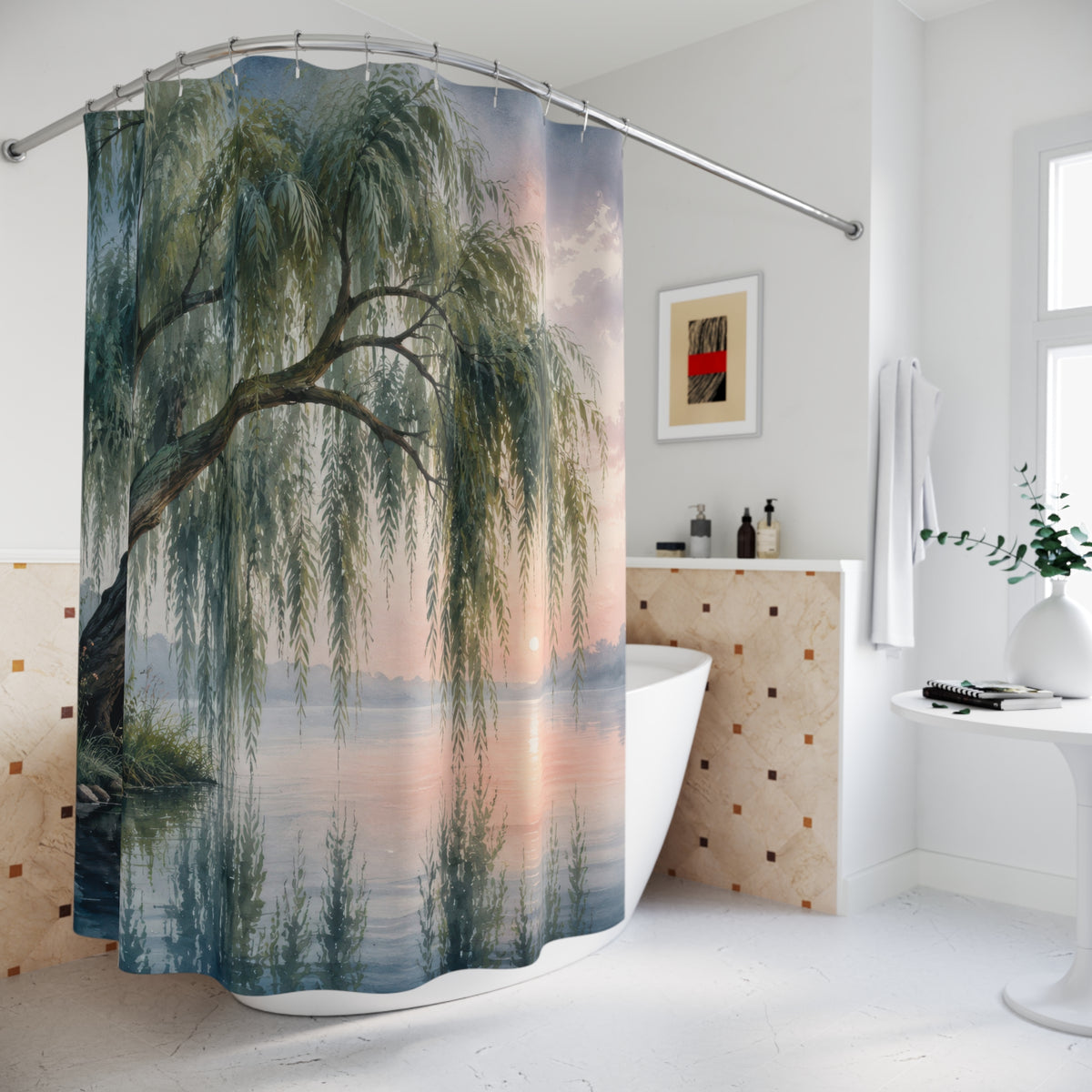 Misty lakeside weeping willow shower curtain beside a freestanding tub