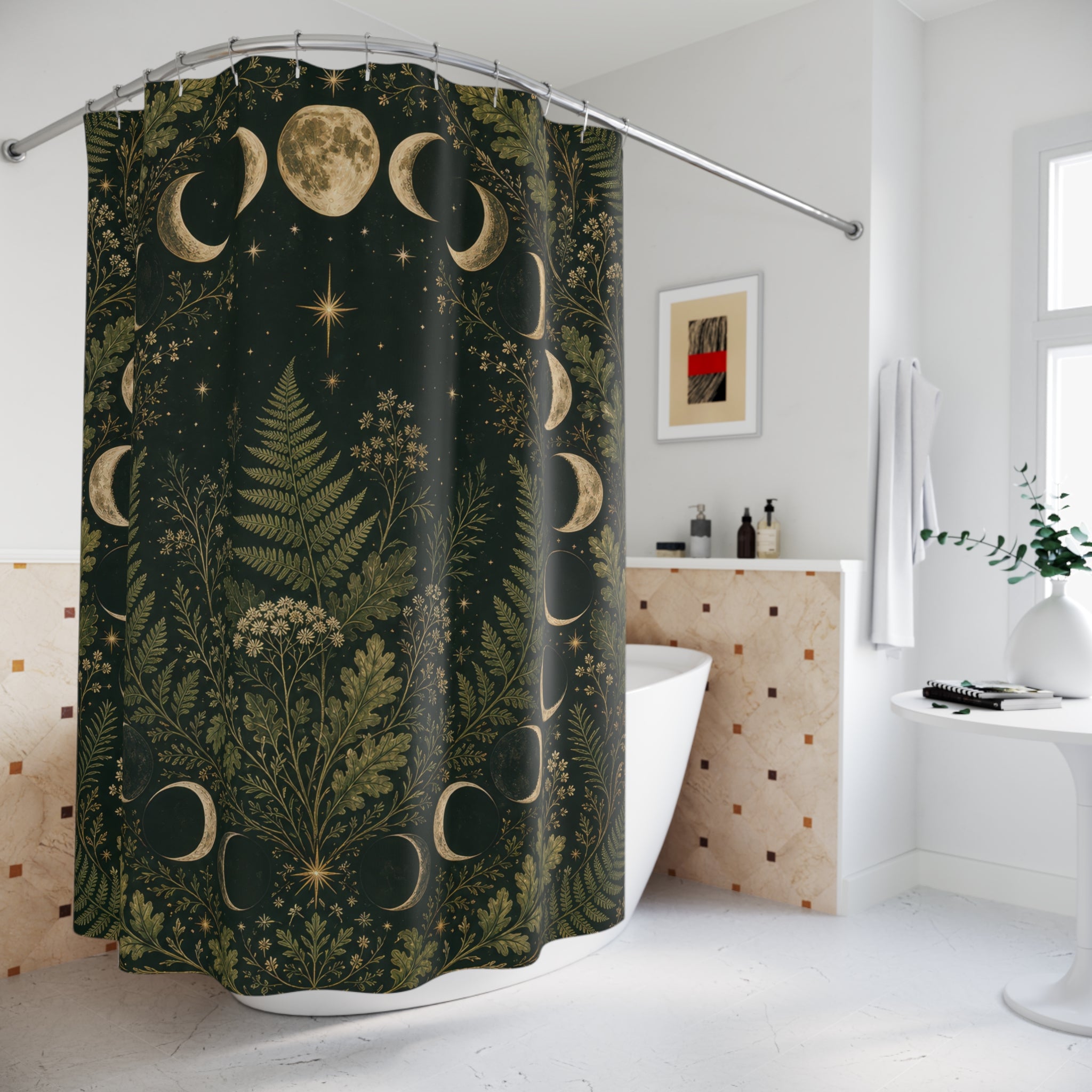 Witchy Moon Shower Curtain, Forest Green Botanical Bath Decor, Lunar Wreath Oak Fern Pattern, Dark Green Celestial Guest Bathroom Decor
